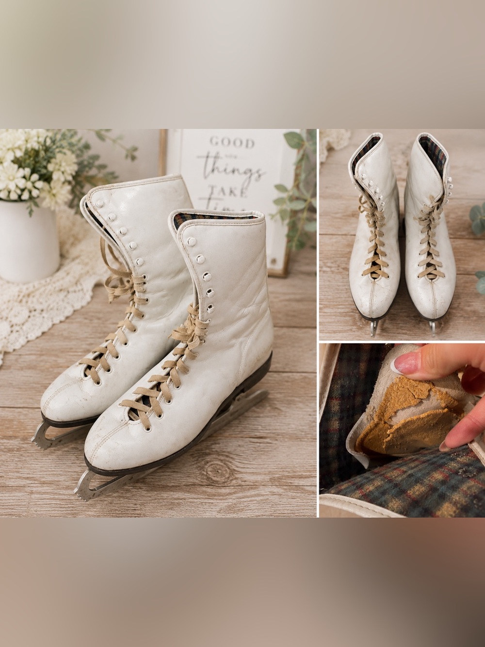 Vintage White Leather Roller Skates Size 7 – Restoration Project / Display